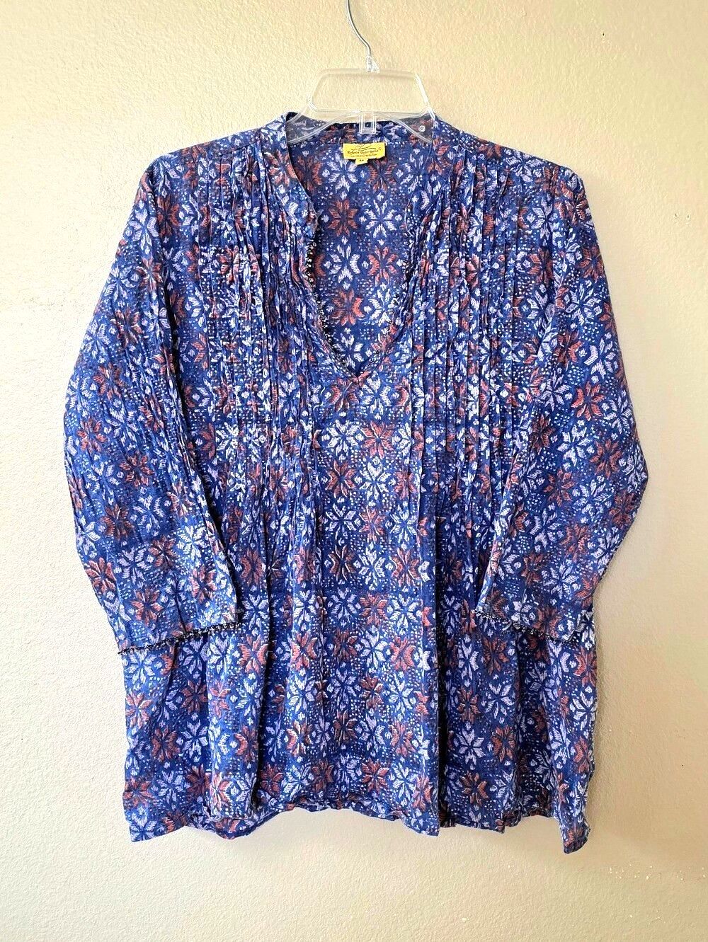 Roberta Roller Rabbit Womens Blue Boho Pintuck Blouse - Size Medium
